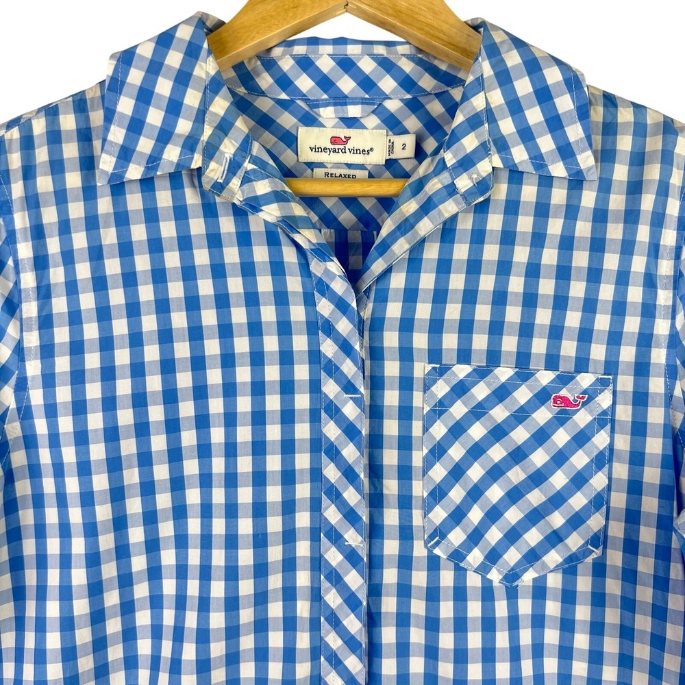 Vineyard Vines Women 2 Button Shirt Blue Gingham Relaxed Fit Preppy Nautical